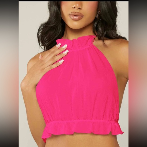 Open Back Ruffle Trim Crop Halter Top - Picture 4 of 6